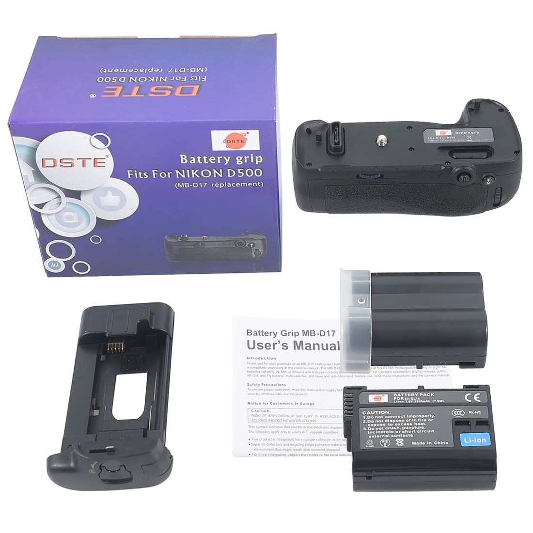 DSTE MB-D17 Multi-Power Vertical Battery Grip Holder Compatible with Nikon D500 Digital SLR Camera + (2 pack) EN-EL15