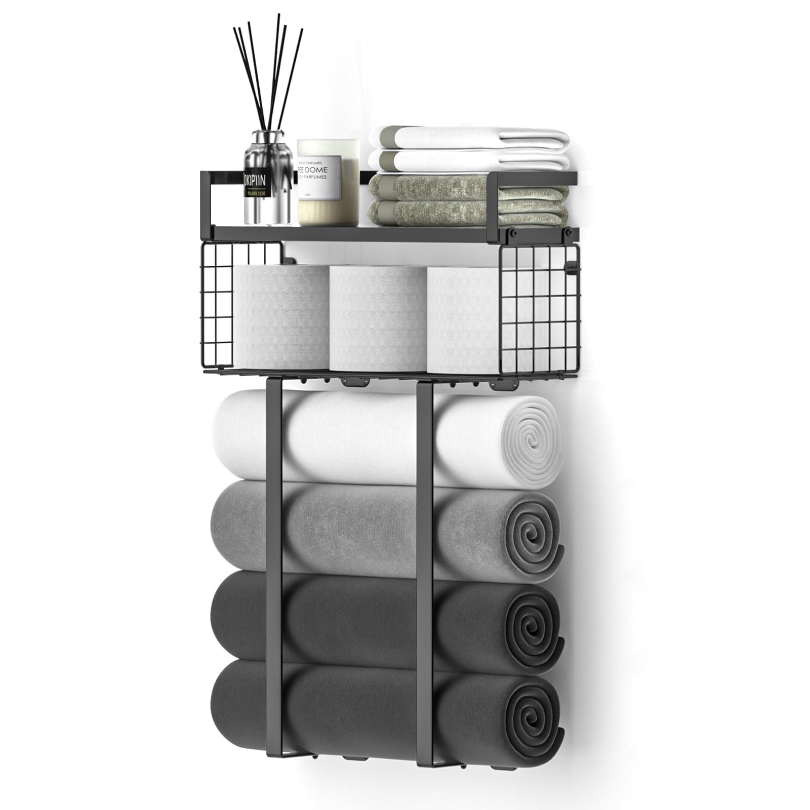 Towel Racks for Bathroom, Metal Towel Holder with Storage Basket,Wall ...