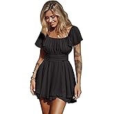 EXLURA Women's 2026 Summer Ruffle Short Sleeve Tie Back Romper Dress Square Neck A Line Cute Dressy Short Jumpsuits