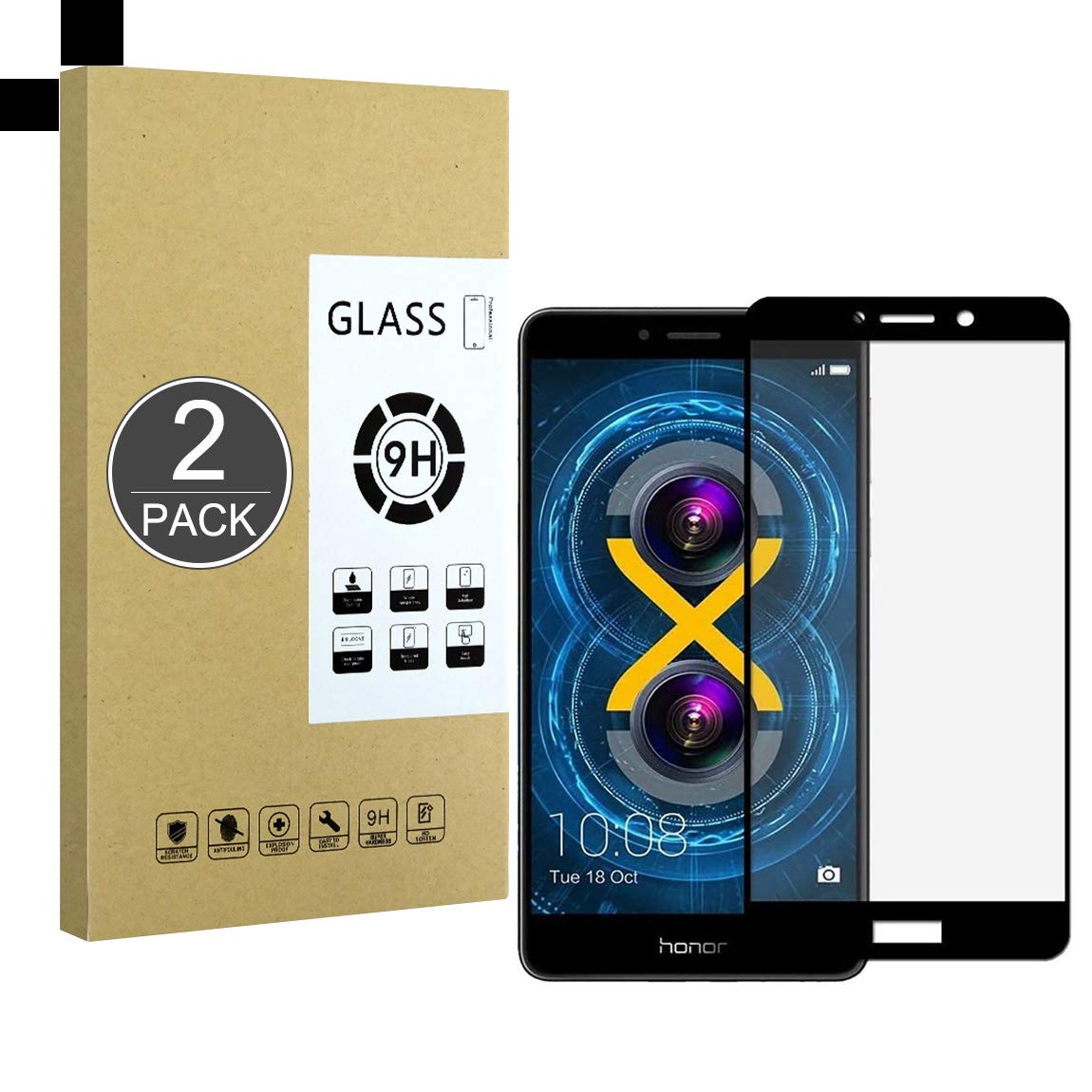 E-Hamii Full-Coverage Film Compatible with Huawei Honor 6X[Black],[Full Screen Glued][Anti-scratch] Premium 9H Tempered Glass Protective Cover,for Huawei Honor 6X