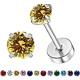 VDKIDKT Natural Birthstone Stud Earrings for Women Teen Girls, Small 3mm CZ Stud Flat Back Earrings, Screw Back Tiny Earrings Studs, Cartilage/Tragus/Second Hole Earrings