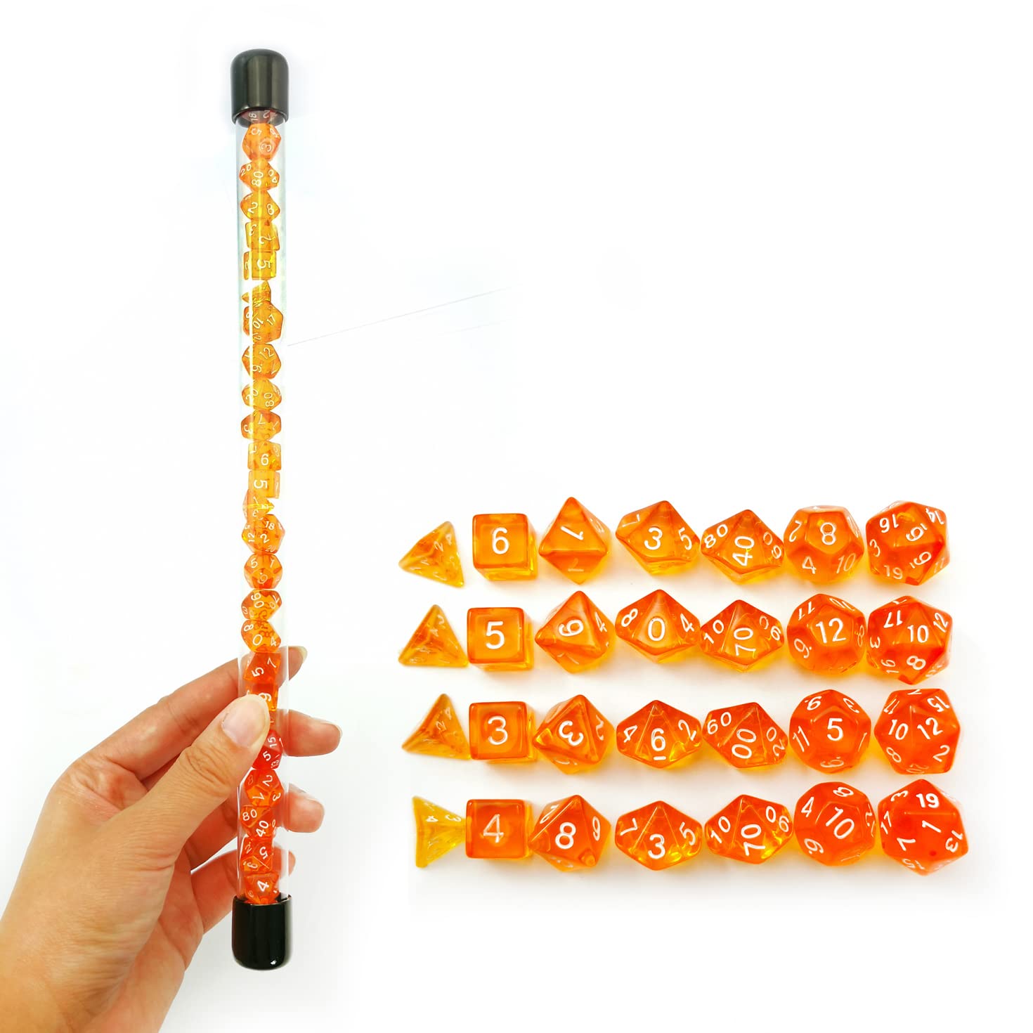 Bescon 28pcs Translucent Orange Mini Polyhedral Dice Set in Tube, Dungeons and Dragons RPG Dice 4X7pcs,Mini Gem Dice Set