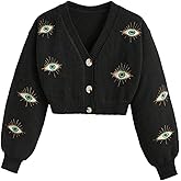 RoseSeek Women's Plus Size Eye Embroidered Cardigans V Neck Button Down Cropped Sweaters Y2k Tops