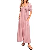 KIRUNDO Women 2026 Summer Maxi Dress Casual Loose Puff Sleeve Square Neck Maternity Flowy Long Beach Dresses with Pockets