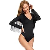 Komorebi Women's Fringe Trim V Neck Long Sleeve Bodysuit Top Cowgirl Outfits Disco Outfit Bodycon Leotard Fitted Stretchy Top