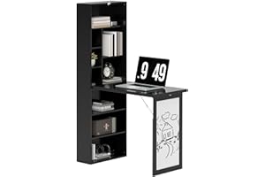 HOMCOM Fold-out Convertible Computer Desk, Wall Mount Office Desk with Whiteboard and Side Shelf, Study Table with Bookshelf 