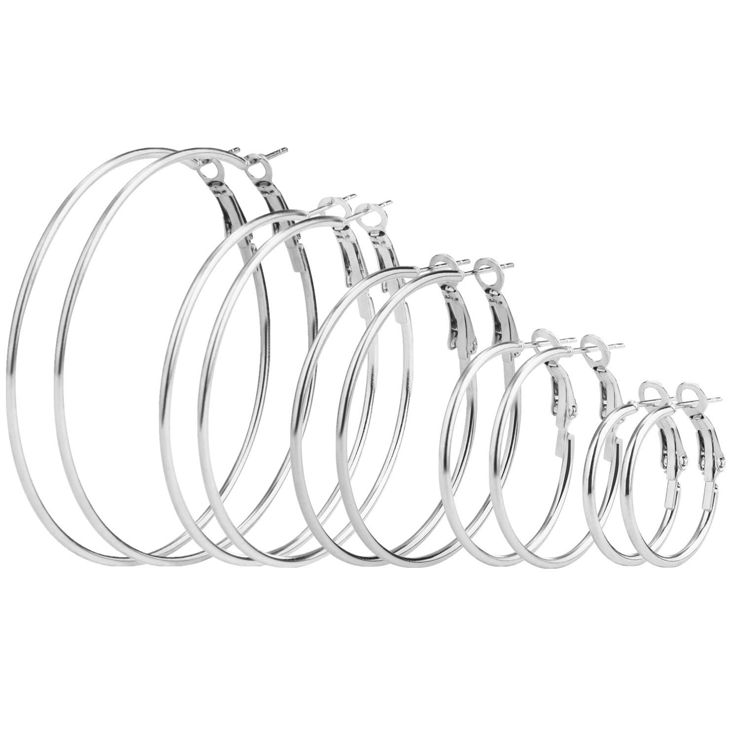 Elicola 5 Pairs Stainless Steel Hypoallergenic Shiny Large Hoop Earring Sets for Women Girl Silver