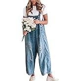 chouyatou Women Loose Adjustable Strap Denim Bib Overall Jeans Distressed Wide Leg Baggy Overalls Jumpsuit