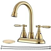 Brushed Gold Bathroom Faucet with Pop-up Drain Assembly, 2 Handles Centerset Bathroom Sink Faucet 4 Inch with 360° Swivel Spout, Stainless Steel Faucet for Vanity Sink with Water Supply Lines
