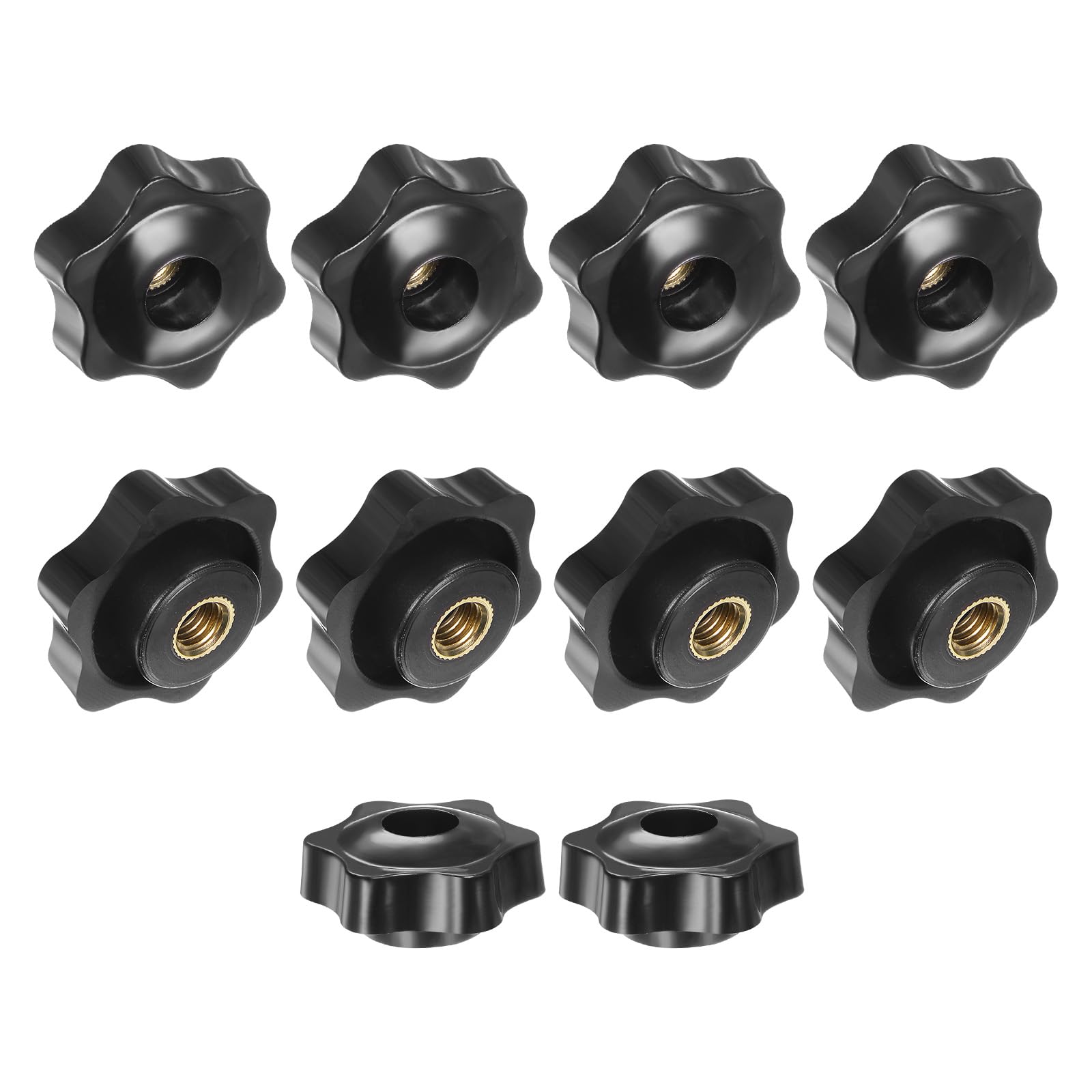 M METERXITY 10-Pack 6 Star Knobs, M8 Female Thread 38mm Hexagon Head Through Hole Clamping Grip Handles for Machinery/Electronic/Woodworking, Brass Screw-On Threaded Knob [Black]