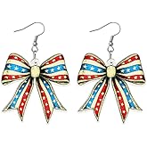 Handmade Wooden Independence Day Bowknot Dangle Drop Earrings Lightweight Wood 4th of July Red White Blue Boot Star Cowboy Hat Earringsfor Women Memorial Day Party Jewelry Patriotic Gifts
