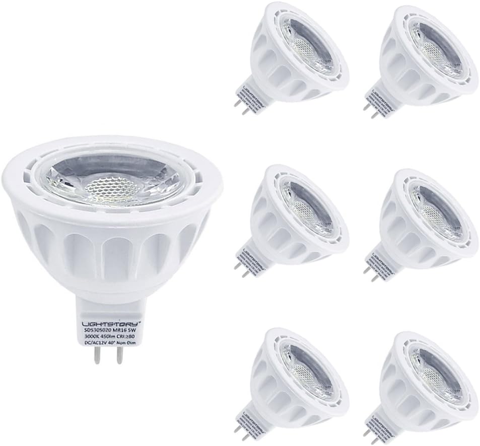 Lightstory MR16 LED Bulbs, 50W Halogen Bulb Equivalent, 12 Volt, 5W 450lm, 3000K Warm White, 40° Beam Angle, MR16 LED Light Bulbs, GU5.3, UL Listed, Non-Dimmable, 6-Pack