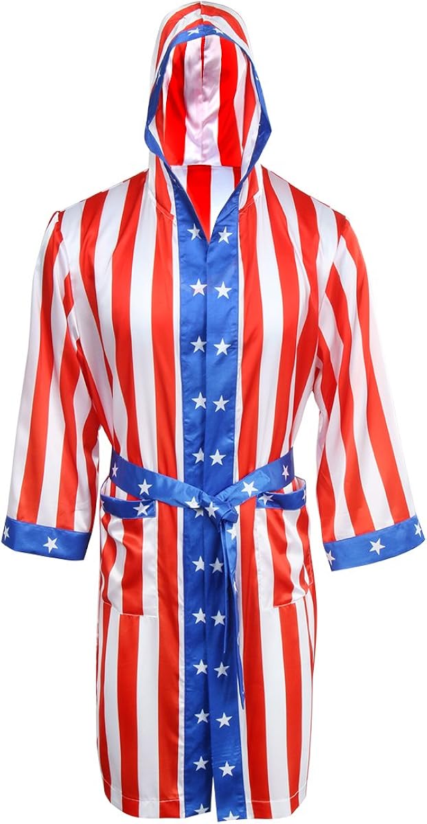 AMNPOLEN Adult Men Satin American Flag Boxing Costume Robe Cloak with Hood: Clothing