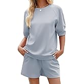 KFUBUO Women's 2 Piece Lounge Sets Summer Matching Outfits Short Sleeve Top and Shorts Loungewear
