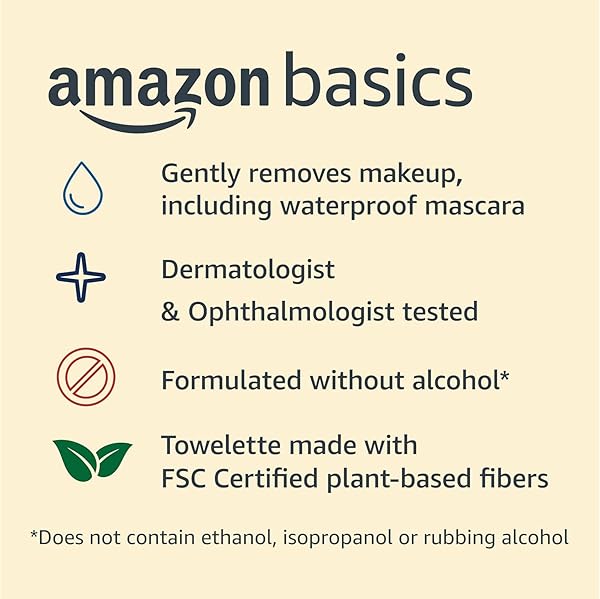 AMAZON BASICS MAKEUP REMOVER WIPES, NIGHT CALMING, GENTLE CLEANSING, PLANT BASED, ALCOHOL-FREE, REMOVES WATERPROOF MASCARA, DERMATOLOGIST TESTED, 25 COUNT, 1-PACK
