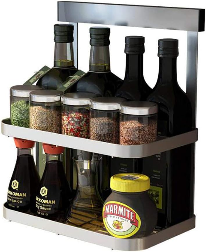 Ctystallove 2-Tier Metal Mesh Spice Rack Wall Mount Jars Bottle Storage Shelf Holder Seasoning Organizer for Kitchen