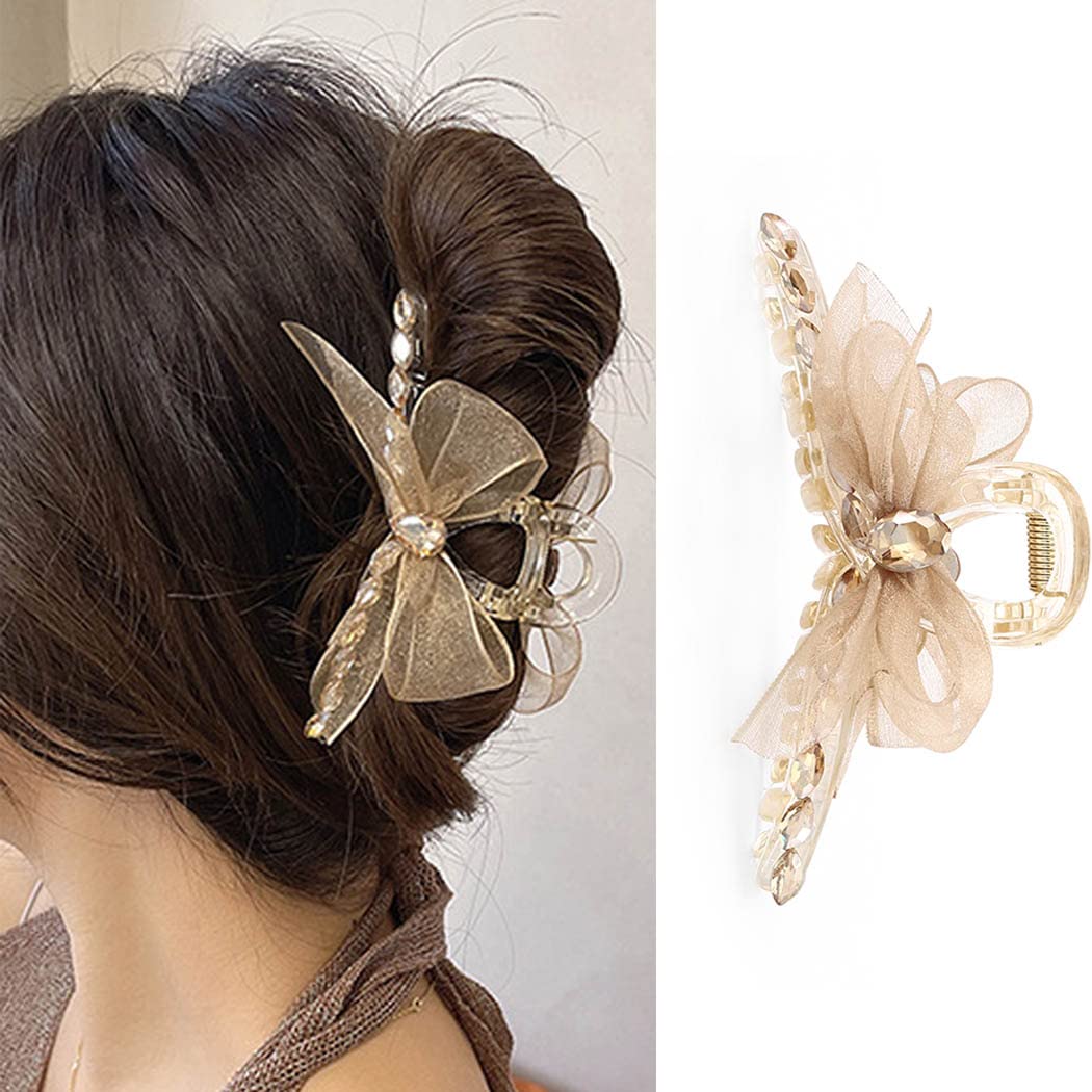 Bohend Big Rhinestone Hair Claw Bowknot Thick Hair Clip Strong Large Hair Styling Accessories for Women and Girls