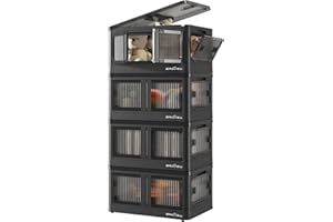 BROVIEW V5S 8.2 Gal Closet Organizers and Storage Black, 4 Pack Plastic Storage Bins with Lids and Wheels, 5-Opening Stackable Collapsible Storage Containers with Doors, Folding Shelf for Home Garage