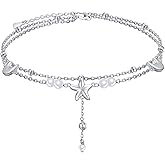 Anklets for Women 925 Sterling Silver Double Layered Beaded Anklet Bracelets Sea Turtle/Starfish/Sea Wave Adjustable Chain Summer Beach Jewelry for Wife Girlfriend Mom Mothers Day Birthday Vacation