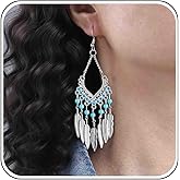 Jugielu Boho Ethnic Leaf Drop Earrings Silver Leaf Tassel Earrings Turquoise Bead Earring Leaves Chandelier Earring Tribal Bead Dangle Beaded Feather Jewelry for Women