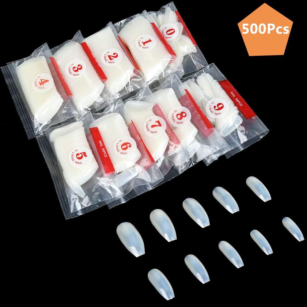 YANSHON 500 Pieces Long Ballerina Nail Coffin Shape Acrylic Fake Nail Tips Half Cover, 10 Sizes and Natural Color