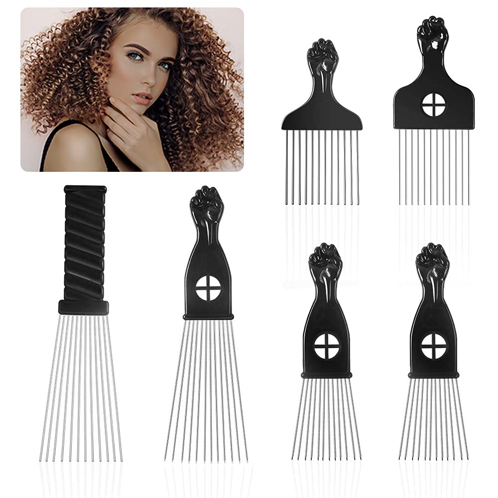 6 Pcs Afro Combs, Metal Afro Hair Comb, Smooth & Sturdy Wide Tooth Afro Pick Combs, Different Lengths Hair Pick Combs for Men and Women Hairdressing Styling Tool
