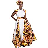 ABCWAX African Dresses for Women Long Skirt Traditional Ankara Kente Print Casual with Scarf