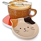 Yiyiring Brown Cat Coffee Mug Warmer Set Cute Mug 10oz with Lid Spoon Electric Coffee Cup Heater for Cat Lovers Winter Women Mom Grandma Teacher Home Office Valentine's Day Birthday Gift