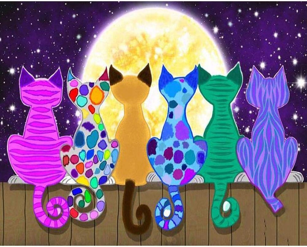 Diamond Painting 5D Full Round Drill Rhinestone Diamond Embroidery Pictures for DIY Home Art Painting Decoration A Group of Cats Watching The Moon 15.7x11.8in 1 Pack by LANSUER