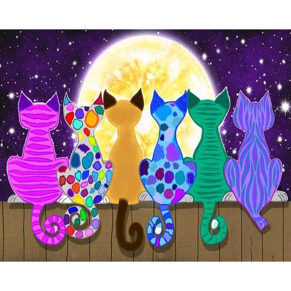 Diamond Painting 5D Full Round Drill Rhinestone Diamond Embroidery Pictures for DIY Home Art Painting Decoration A Group of Cats Watching The Moon 15.7x11.8in 1 Pack by LANSUER