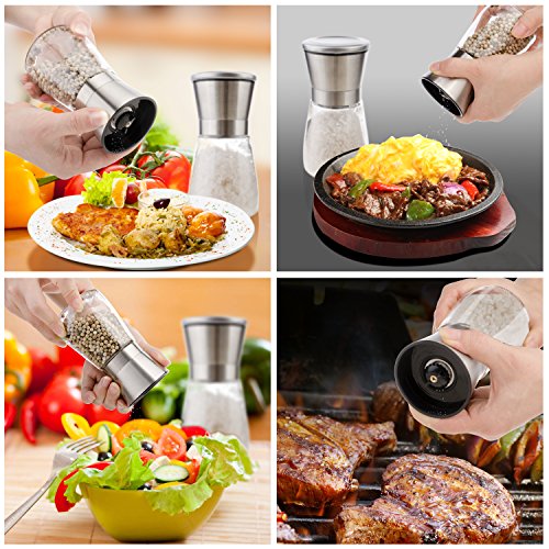 OTBBA Premium Salt and Pepper Grinder Set of 2 - Brushed Stainless Steel Mill Set, Adjustable Coarseness Salt and Pepper Mill Shakers with 6 oz Glass Body