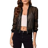 Fisoew Women's Crop Mesh Sheer Bomber Jackets Lightweight Long Sleeve Zip Up Jacket Outwear