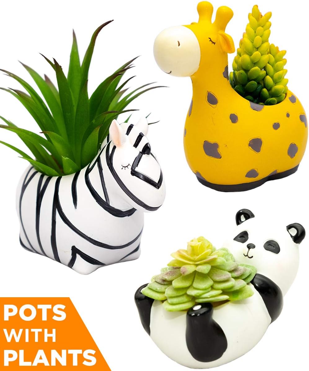 Peacefo Assorted Set of 3 Animal Planters and Artificial Succulent Plants, Cactus Flower Plant Pot, Indoor Home Garden Office Table Desktop Decoration,Panda Giraffe Zebra Living Room Shelf Desk Decor