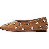RBTHOLP Studded Flats for Women Suqare Toe Slip on Suede Ballet Flats Comfortable Walking Studs Ballet Shoes