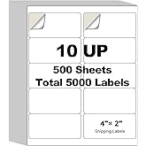 5000 Labels (500 Sheets) - 2" x 4" Shipping Address Labels - 10-Up Mailing Stickers for Laser/Inkjet Printers - 8.5" x 11" White Printer Labels - Multipurpose Address Papers