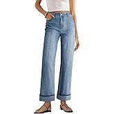 Sidefeel Women's Wide Leg Cuffed Jeans High Waisted Baggy Stretchy Denim Pants with Pockets