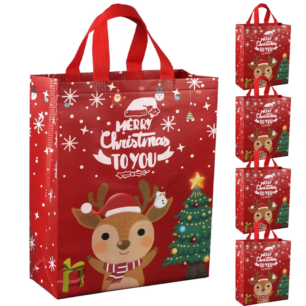 DOJoykey Christmas Bags, 5pcs Red Christmas Tote Bags with Handle Non-woven Fabric Gift Bags Large Size for Xmas Gift Delivering Shopping Party Decoration
