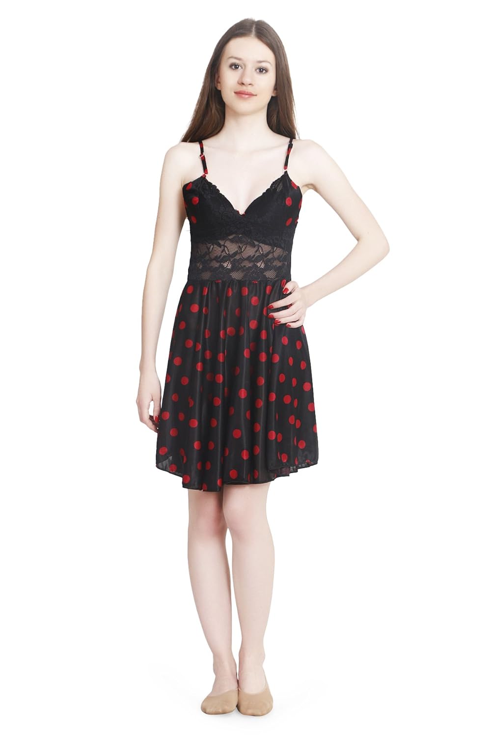 Buy Freely Polka Dotted Black Satin Babydoll Nightdress at Amazon.in