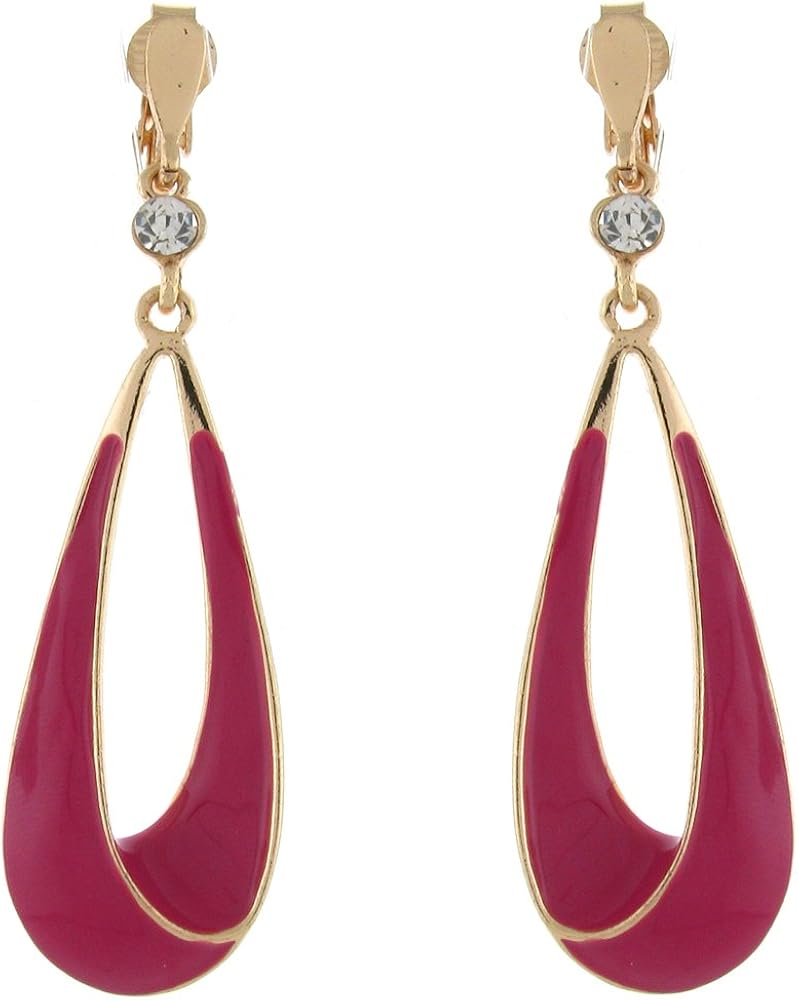 Clip On Earrings Store Fashion Pink Enamel Hoop Tear Drop