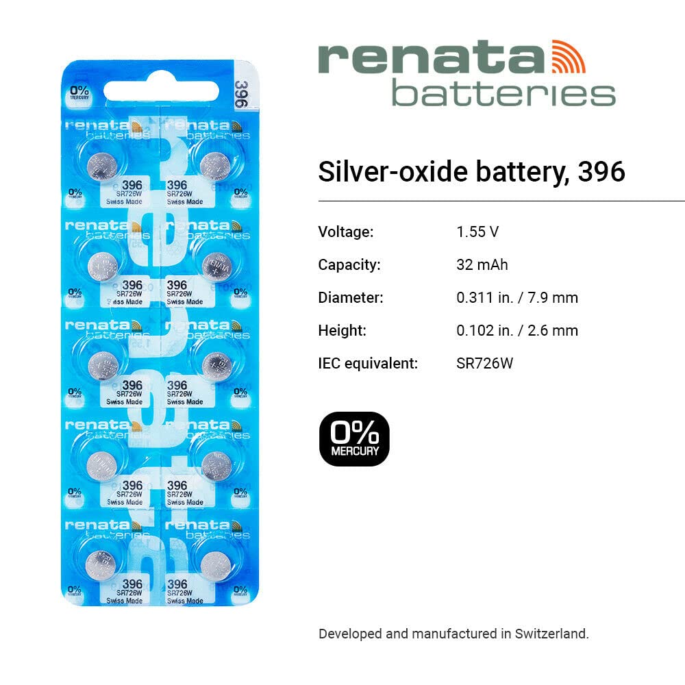 Renata Batteries Renata 396 SR726W Batteries - 1.55V Silver Oxide 396 Watch Battery (2 Count)