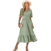 Umimore Women Short Sleeve Midi Dress Casual Ruffle V Neck High Waist Ruched A Line Sundress Cute Summer Outfits Clothes