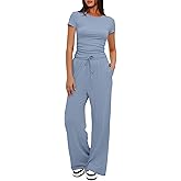 Darong Women's 2 Piece Set Outfits Lounge Sets Ruched Short Sleeve Tops High Waisted Wide Leg Pants Tracksuit Sets