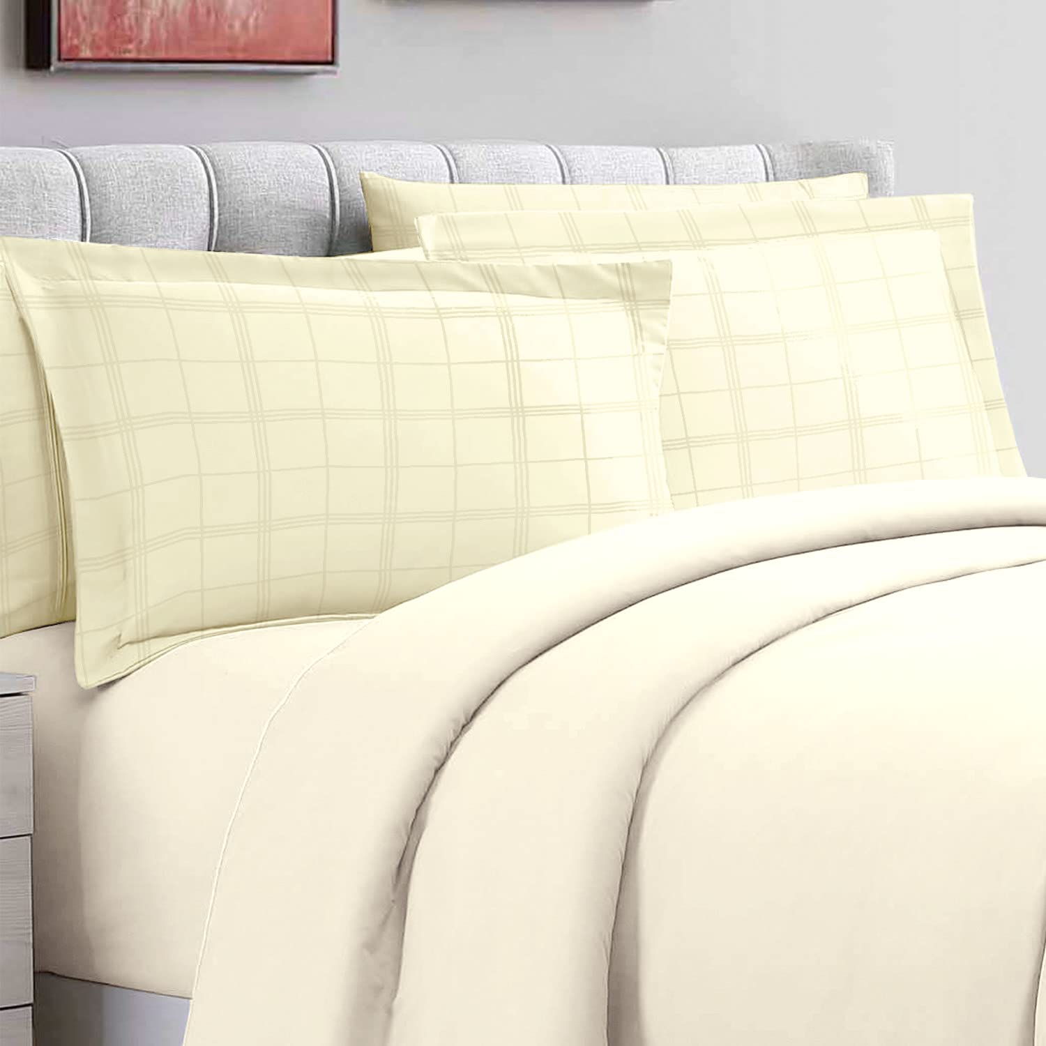Pizuna 100% Cotton Cream Big Checks Oxford Pillow Cases 2 Pack, 300 Thread Count Long Staple Combed Cotton Checked Bedding, Sateen Standard Pillow Cover 50 x 75cm (Damask Bedding Set) -