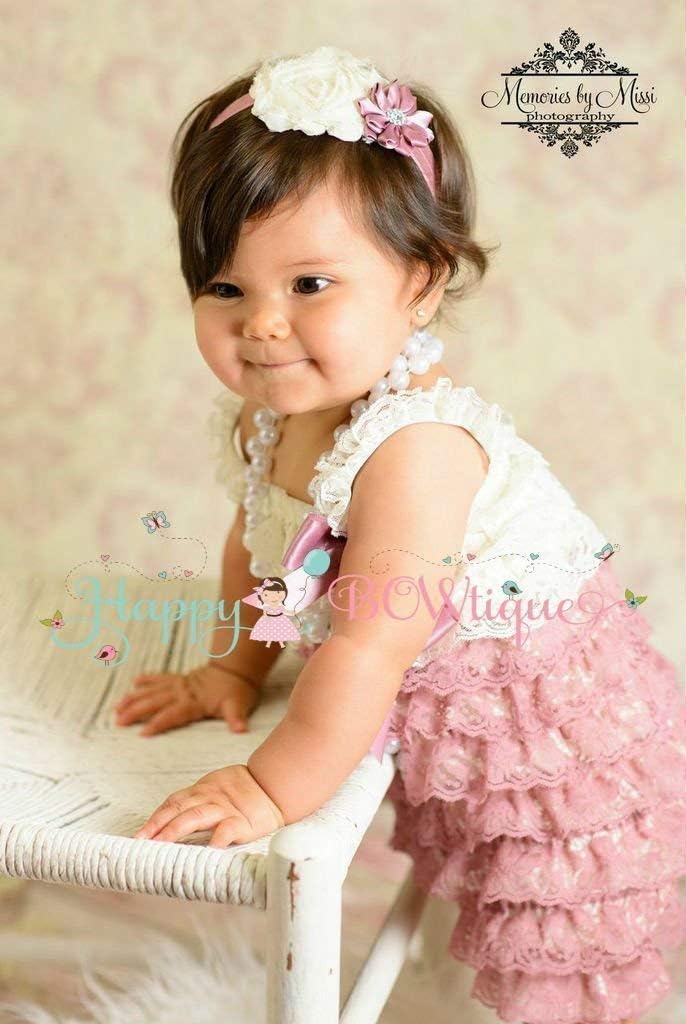 Girl's Ivory Dusty Rose Lace Dress set w Extra Headband, Girl Dusty Rose Dress