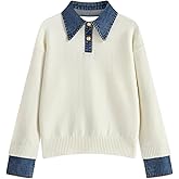 hathne Women's Oversized Polo Sweater Button Up Denim Lapel Pullover Sweater Long Sleeve Collared Knit Top