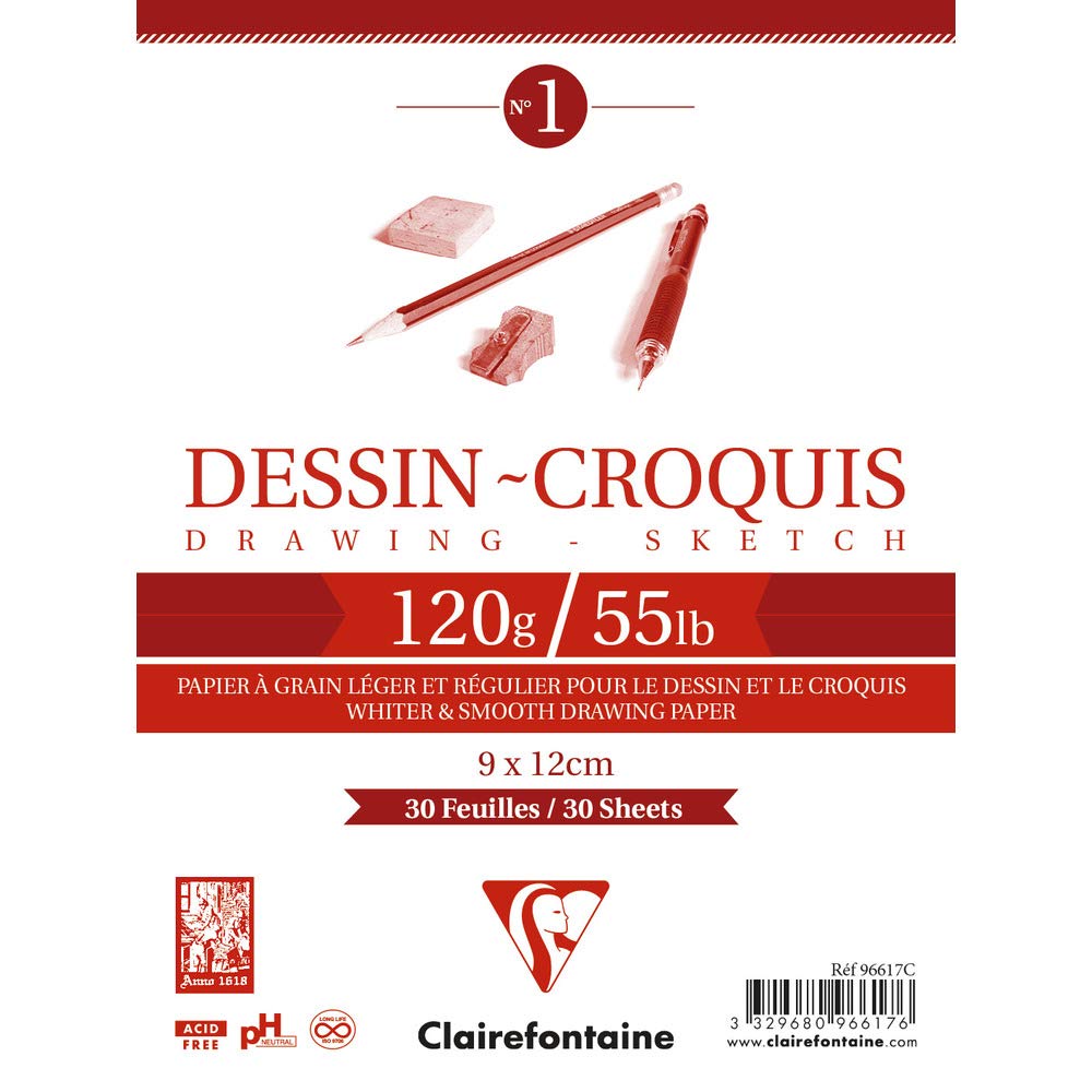 Clairefontaine - Ref 96617C - Wirebound White Drawing Sketch Pad (30 Sheets) - 9 x 12cm Sized, 120gsm Paper, White & Smooth Drawing Paper, Acid Free, pH Neutral