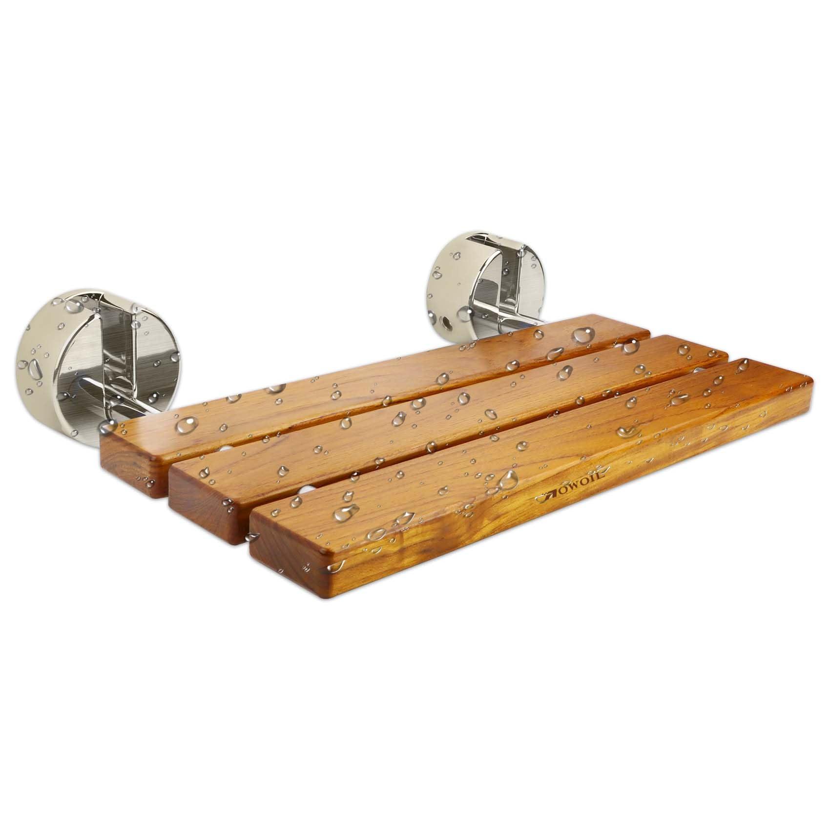 Brushed Nickel 20" Folding Teak Shower Seat Wall Mounted, Fold Down