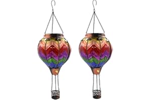 OUISJYER 2PC Hot Air Balloon Solar Lantern, Flickering Flame Hanging Solar Lanterns Outdoor Lights Waterproof Lanterns Decorative Garden Patio Yard Party Decor Wavy-Colorful with 2PC Shepherd Hook