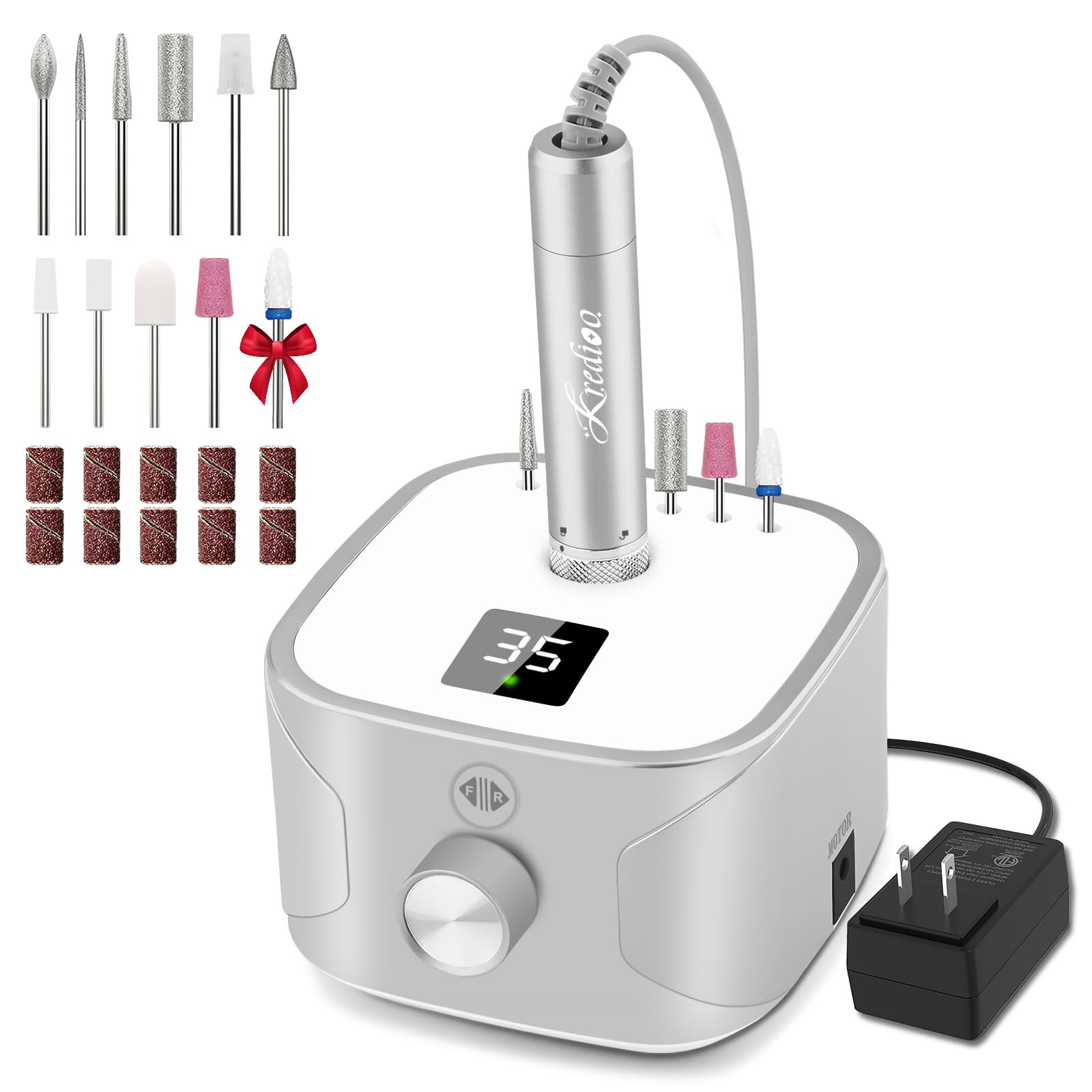 Photo 1 of Kredioo Electric Nail Drill Professional for Salon Use 35000RPM Efile File Kit for Gel Nails Polish Remover with 11 Bits and Sanding Bands Build-in Bit Holder -Silver