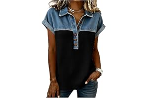 Denim Shirts for Women Button Up V Neck Lapel Collar Casual Short Sleeve Fashion Patchwork Western Blouses 2026